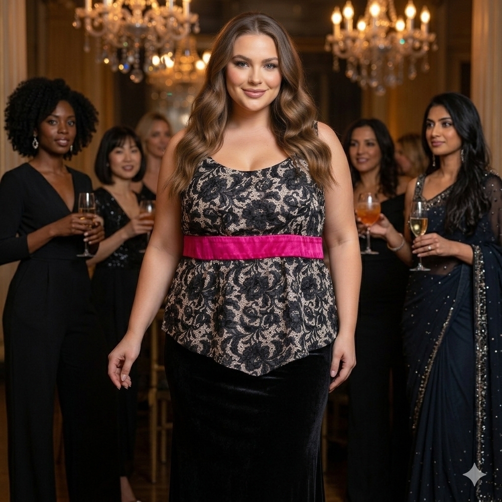 Torrid 1X Black Lace Fuschia Empire Waist Peplum Silky Satin Sleeveless Top